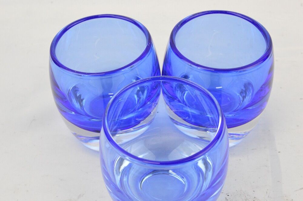 Set x3 Crate & Barrel Cobalt Glass Votive Candle Holder Etched Starburst Design